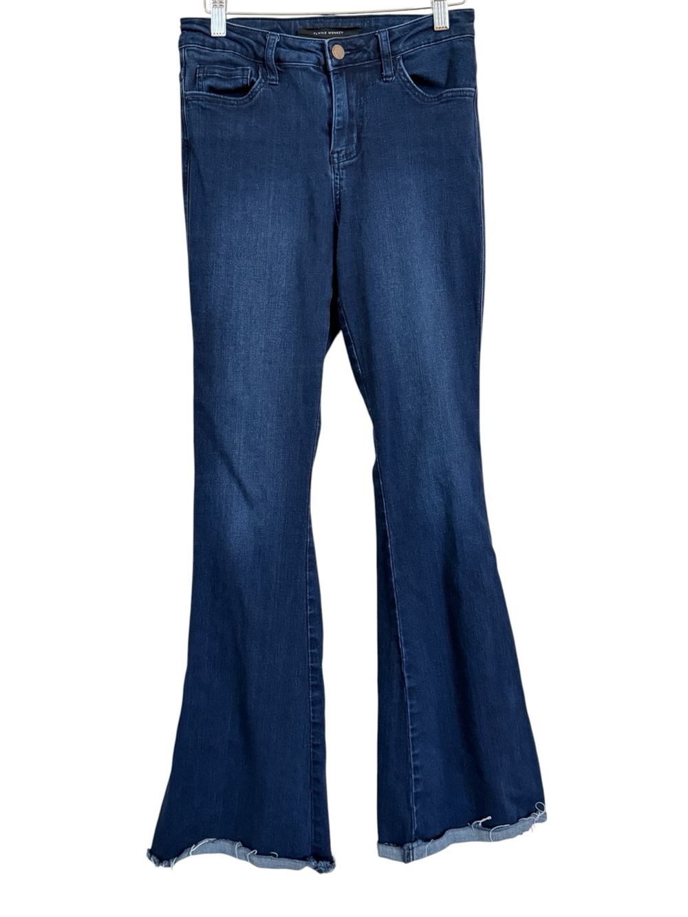 Flying Monkey High Rise Flare Jeans Women’s Size 25 Dark Wash Raw Hem Stretch